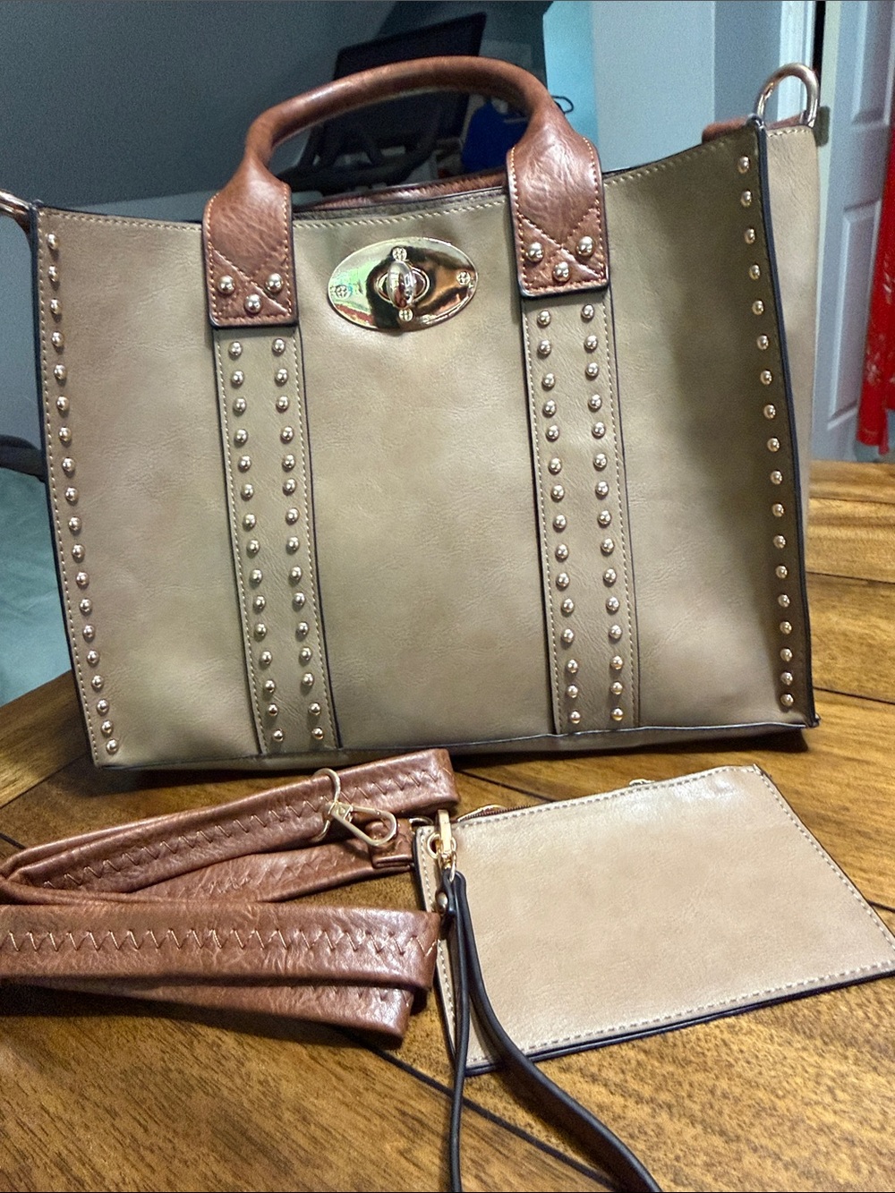 Studded Taupe Tote Bag with Brown Handles